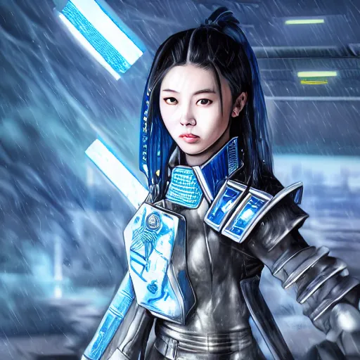 Prompt: An epic fantastic ultrarealism comic book style portrait painting of a female cyberpunk armor samurai, tzuyu from twice, blue and ice silver color armor, cyberpunk feel raining at tokyo rooftop, Concept world Art, unreal 5, DAZ, 8k, hyperrealistic, octane render, cosplay, RPG portrait, final fantasy artwork concept, dramatic lighting, rim lights