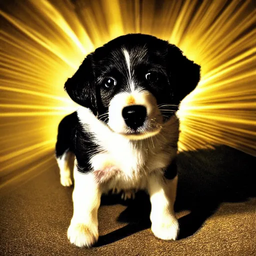 Image similar to This is a photo of a puppy. The puppy is happy. Tilt-shift fisheye photo. Light painting. God rays.