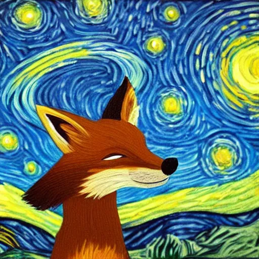 Prompt: a painting of a fox in the style of Starry Night - n 5