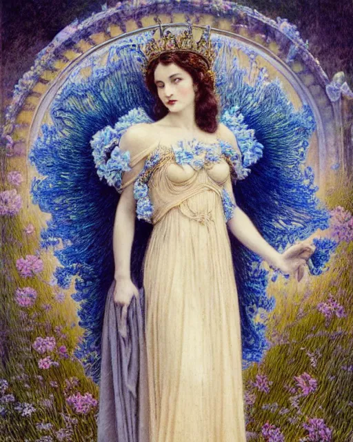 Prompt: in the style of beautiful vivien leigh, blue frilly gown and crown with flowers and gems, detailed and intricate by jean delville, gustave dore and marco mazzoni, colorful art nouveau, symbolist, visionary, gothic, pre - raphaelite