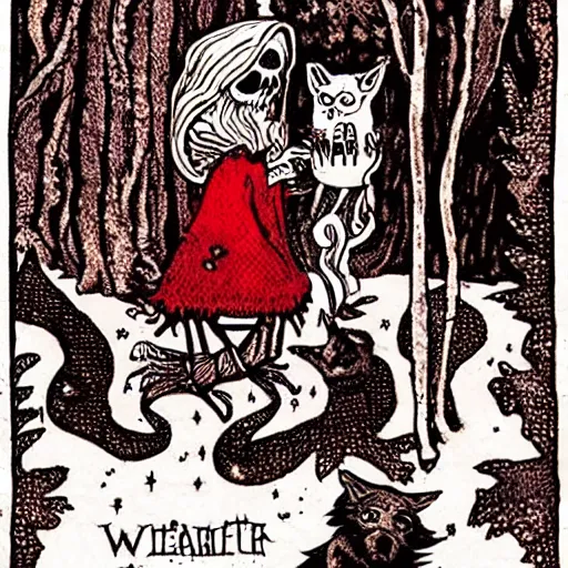 Prompt: haunted fairytale, skeletal little red riding hood having tea with the demon wolf lupus, dramatic tarot card style