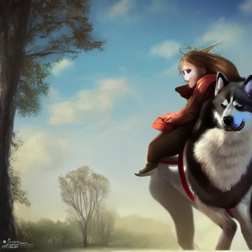 Prompt: girl riding a giant husky in the park, trending on artstation