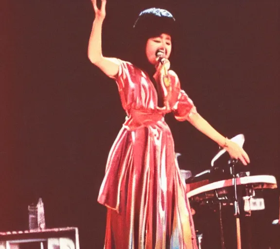 Prompt: photo of singer singing in an japan 1 9 8 0 pop big concert, color photo, colored