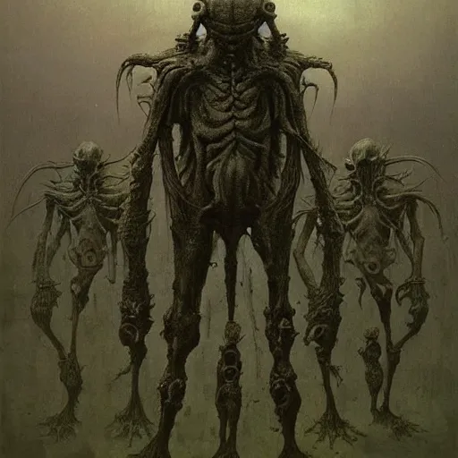 Image similar to goblin recon squad beksinski, eldritch, apocalypse, creepy creature, horror spooky