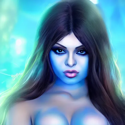 Prompt: portait of haifa wehbe, perfect lips licking tongue, long hair blue centred, hd, very detailed curve, digital painting, unreal engine, final fantasy style, amazing blue background theme