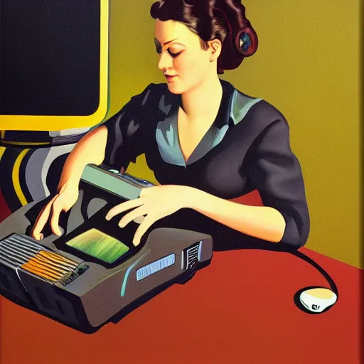 Prompt: oil on canvas portrait of a woman programming a computer, retro science fiction vintage art, colorful, very detailed