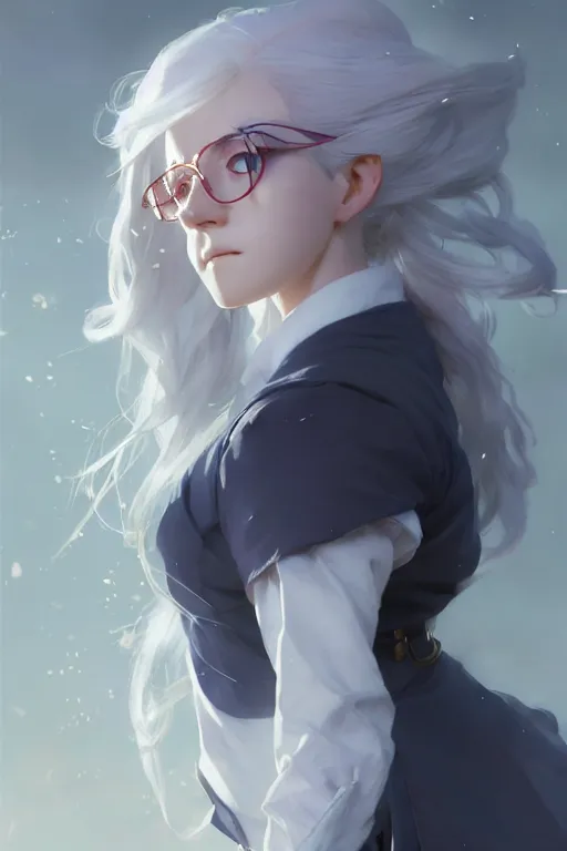 Prompt: side portrait of female student witch, witch academia, magic school uniform, white hair color, library nerd glasses, by ruan jia and wlop and greg rutkowski and ross tran, digital art, illustration, highly detailed, concept art, beautiful, masterpiece