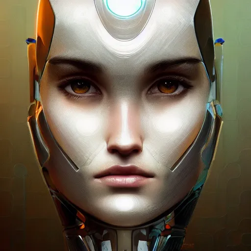 Image similar to headshot of humanoid robot from ex machina, intricate, headshot, highly detailed, digital painting, artstation, concept art, sharp focus, cinematic lighting, illustration, art by artgerm and greg rutkowski, alphonse mucha, cgsociety