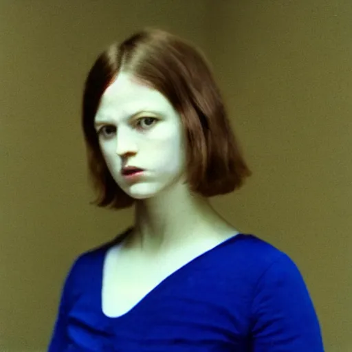 Image similar to close up of a girl in a blue and gold haunted liminal abandoned room, film still by edward hopper, by gottfried helnwein, by klimt, art noveau, highly detailed, strong lights, liminal, eerie, bright pastel colors,