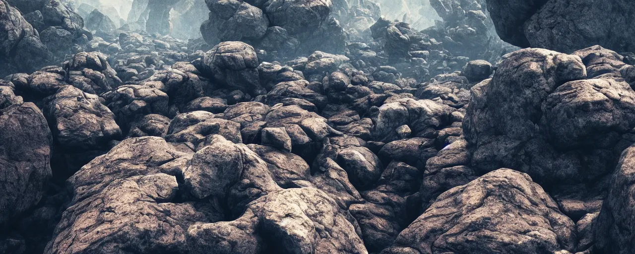 Image similar to ” rocky asteroid, [ by wlop, cinematic, detailed, epic, widescreen, opening, establishing, mattepainting, photorealistic, realistic textures, octane render ] ”