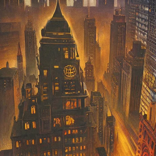 Image similar to muted color ultra realistic painting of 1 9 2 5 boston downtown at night in doctor strange's mirror dimension, aerial view, dark, brooding, night, atmospheric, horror, cosmic, ultra - realistic, smooth, highly detailed in the style of clyde caldwell