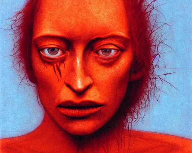 Image similar to by francis bacon, beksinski, mystical redscale photography evocative, full eyebrows lips. kat dennings uma thurman christina hendricks tilda swinton