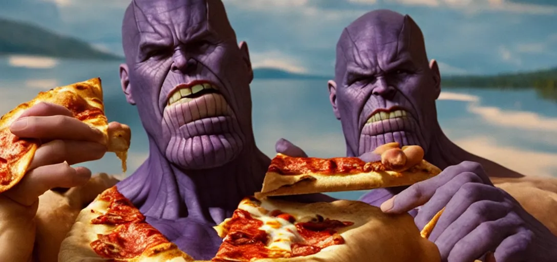 Image similar to a very high resolution image from a new movie. thanos eating pizza on a lake, photorealistic, photography, directed by wes anderson