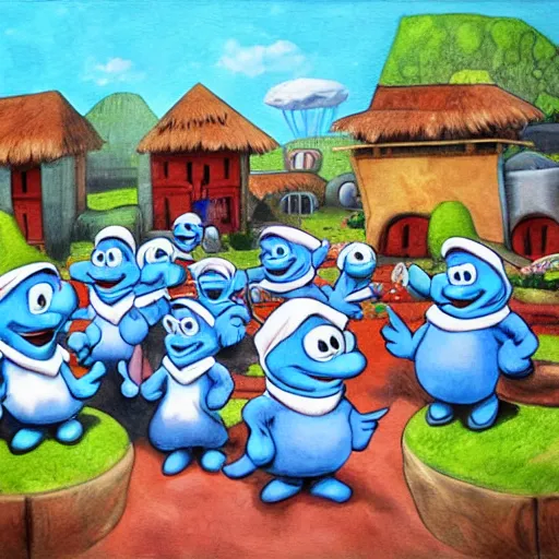 Image similar to the smurf village, artwork by random artist