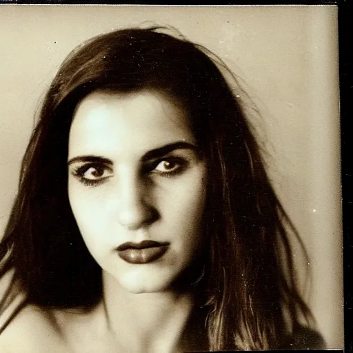 Prompt: old film photo of an atractive cool alternative bosnian woman in her early 20s. beautiful face. She has dark brown hair, dark thick eyebrows, brown eyes and shoulder long hair.