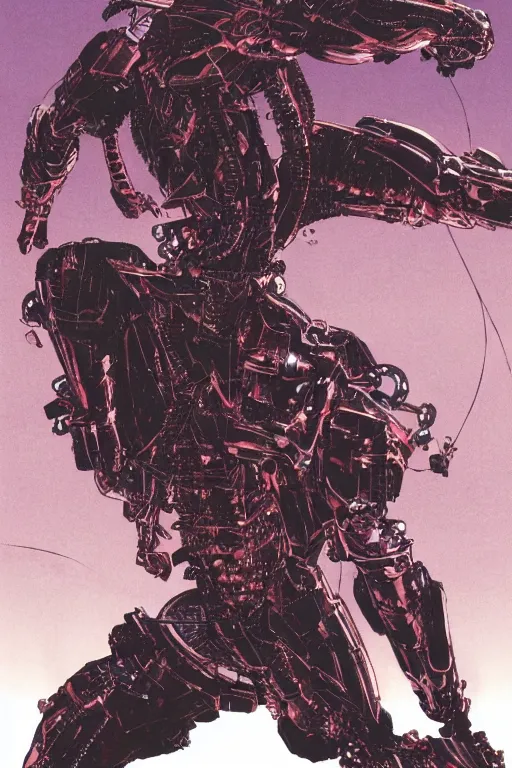 Image similar to powerful biomechanical soldier enhanced using a nanosuit with artificial muscles under the armor plating, at dusk, a color cover illustration by tsutomu nihei, tetsuo hara and katsuhiro otomo