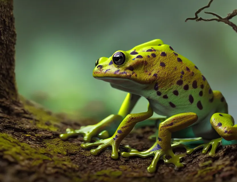 Prompt: anthro dart frog alchemist in the lichen woods. safe for work, muted complementary colors, anime still, luminescent, 4 k, chiaroscuro, rimlight.