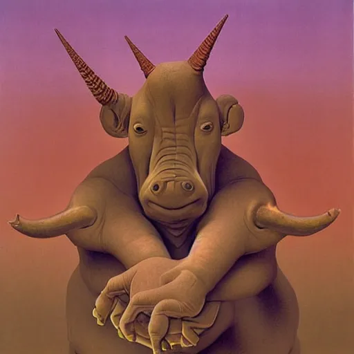 Image similar to portrait of mutant with horn in form of hand, anime, hand transplanted to head, surgery, bump in form of hand, growth on head, hippo, unicorn by zdzisław beksinski, from the tusk movie