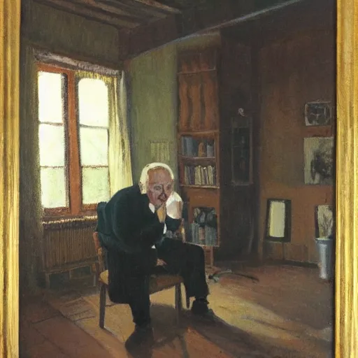 Prompt: angry old man in chair inside a dark house, painting by by ralph grady james, jean christian biville