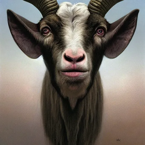 Image similar to vladimir putin, anthropomorphic goat with putin face, hybrid, macabre, horror, by donato giancola and greg rutkowski and wayne barlow and zdzisław beksinski, digital art