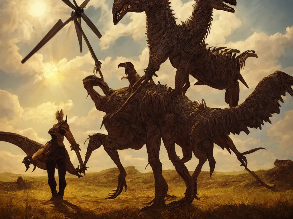 Image similar to portrait of don quixote sitting on a velociraptor in front of a windmill, summer, sun in the zenith, digital art, highly detailed, stunning scene, 4 k, realism, stunning scene, bright colors, trending on artstation, masterpiece