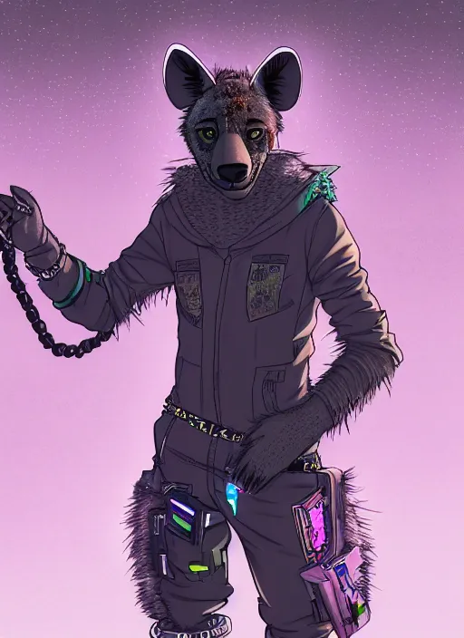 Prompt: character portrait of a male anthro hyena fursona with a tail and a cute beautiful attractive detailed furry face wearing stylish cyberpunk clothes in a cyberpunk city at night while it rains. color page, tankoban, 4K, tone mapping. By Rukis. comic book style