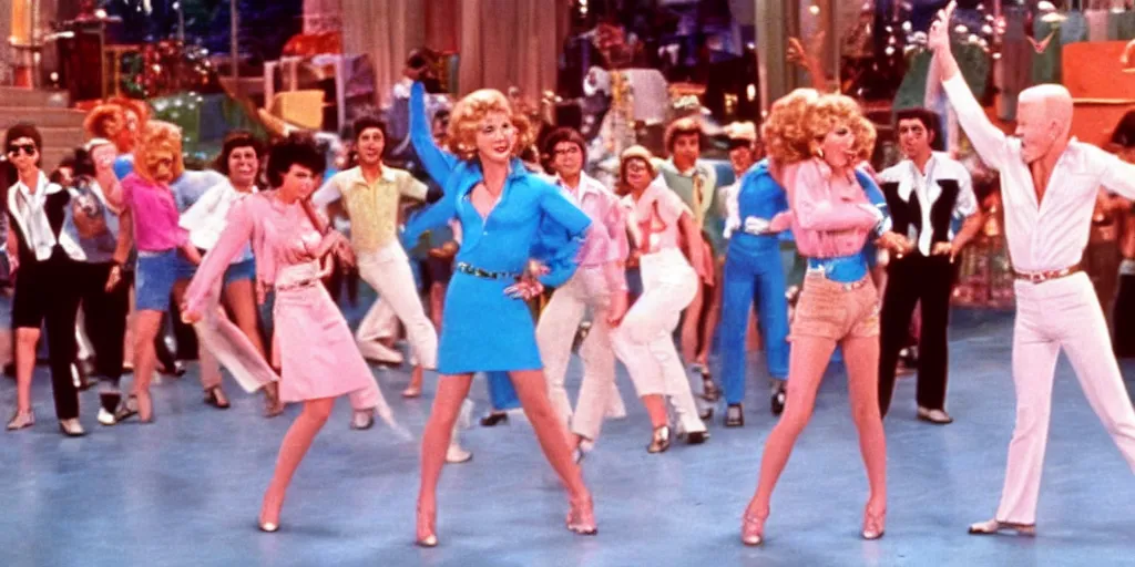 Image similar to Still of Grease (1976) with a disco dance interpreted by Fred Astaire and Ginger Rogers, cinematic, technicolor