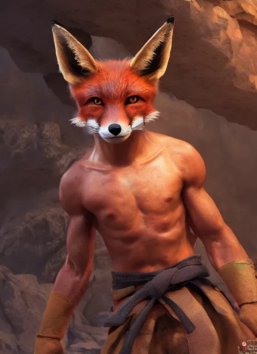 Prompt: A fantasy comic book style portrait painting of a fox person training martial arts in a cavern setting, unreal 5, DAZ, hyperrealistic, octane render, RPG portrait, ambient light, dynamic lighting
