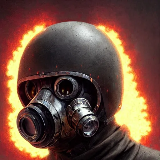 Prompt: commission of a man wearing a black helmet and a black gas mask,red glowing eyes,digital art,crazy detail,hyperdetailed,hyperrealistic,photorealistic,art by greg rutkowski,trevor henderson,artstation,deviantart,eerie,western comic style,comic,sharp lineart,half fire