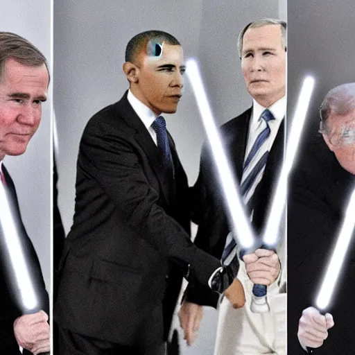 Image similar to putin, trump, obama and bush having a lightsaber battle