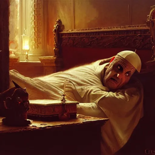 Image similar to the pope laying down in his bed, terrified, because a double horned shadow demon is in the the bedroom. highly detailed painting by gaston bussiere, greg rutkowski, craig mullins 8 k