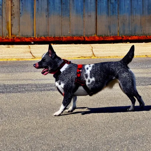 Image similar to blue heeler dog on a motorcycle, 8 k photography, blurred background of a wafflehouse