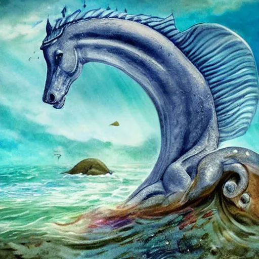 Image similar to a hippocampus rising from the sea, fantasy art,