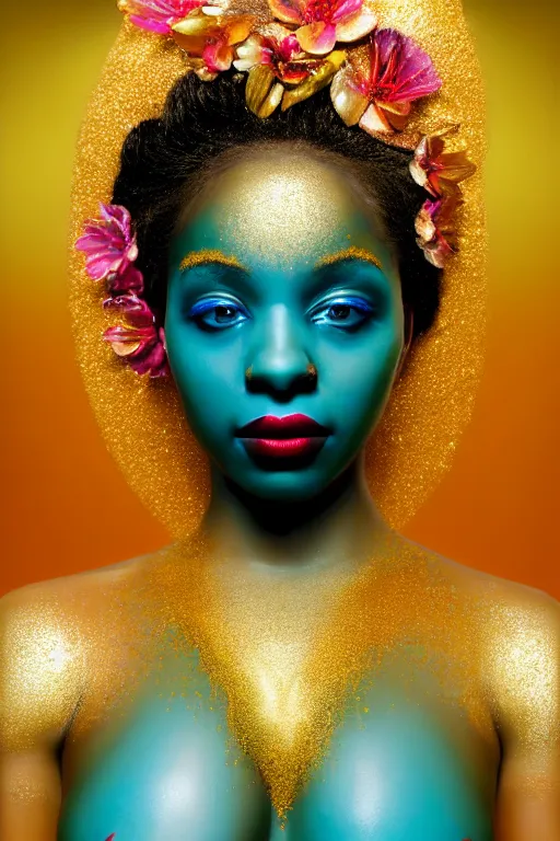 Image similar to hyperrealistic post - symbolist cinematic very beautiful! oshun goddess with white eyes, yoruba body paint, dripping droplet lips, gold flowers, highly detailed digital art masterpiece, smooth etienne sandorfi eric zener dramatic pearlescent soft teal light, ground angle uhd 8 k, sharp focus