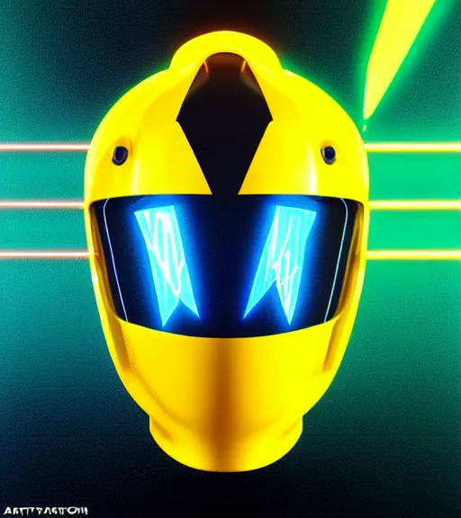 Image similar to symmetry!! yellow ranger, lightning - bolt - shaped helmet!!, hard edges, product render retro - futuristic poster scifi, lasers and neon circuits, yellow ranger, thunder, lightning element, intricate, elegant, highly detailed, digital painting, artstation, concept art, smooth, sharp focus, illustration, dreamlike, art by artgerm