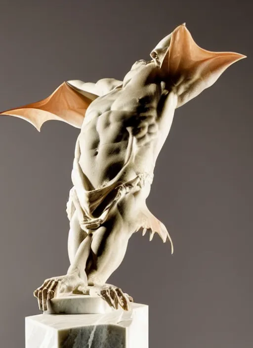 Image similar to marble statue of a vampire bat, cracks filled with gold, beautiful studio lighting