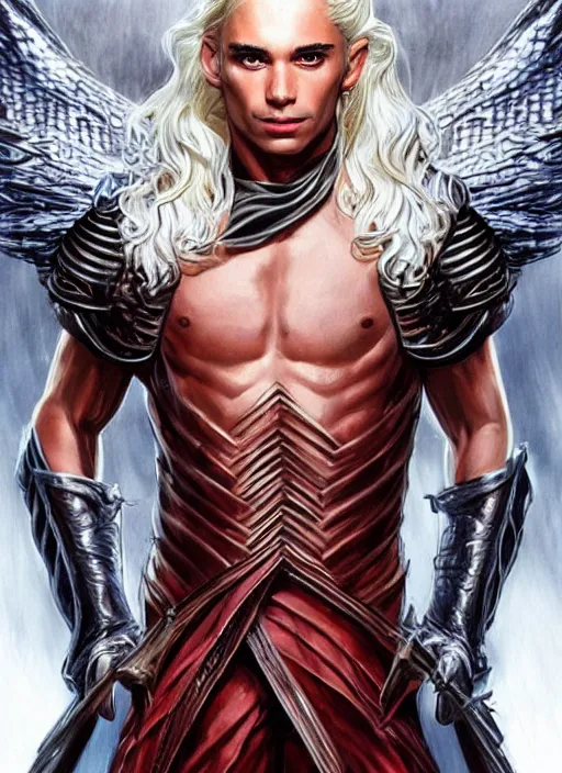 Image similar to handsome viserys targaryen as a muscular angel of battle, urban fantasy romance book cover, D&D!, fantasy style, sharp focus!, ultra detailed, art by Artgerm and Peter Andrew Jones, WLUP