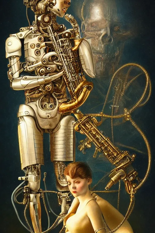 Image similar to a beautiful ultradetailed vintage photo of cyborg playing an oboe, by tom bagshaw and anna dittman, couples portrait, vignette, 3 5 mm lens, golden ratio composition, detailed faces, studio photography, very detailed, humanoids, industrial robots, artstation, 8 k, highly coherent