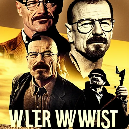 Prompt: a movie poster where Walter white and Mario are in a wild west shootout