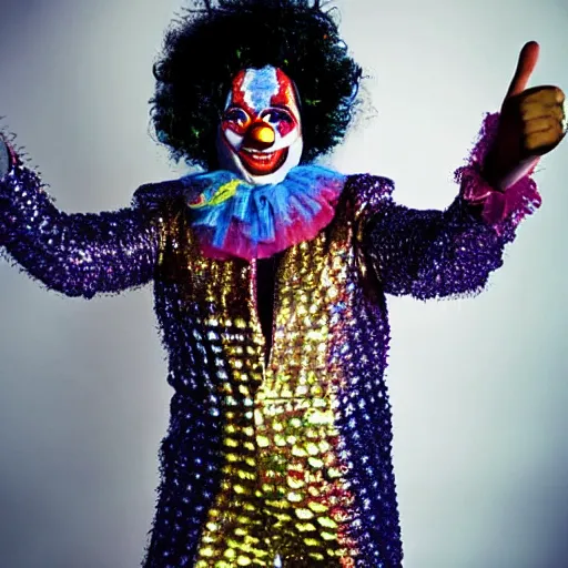 Image similar to uhd candid photo of disco stu wearing disco suit, intricate clown costume. photo by annie leibowitz