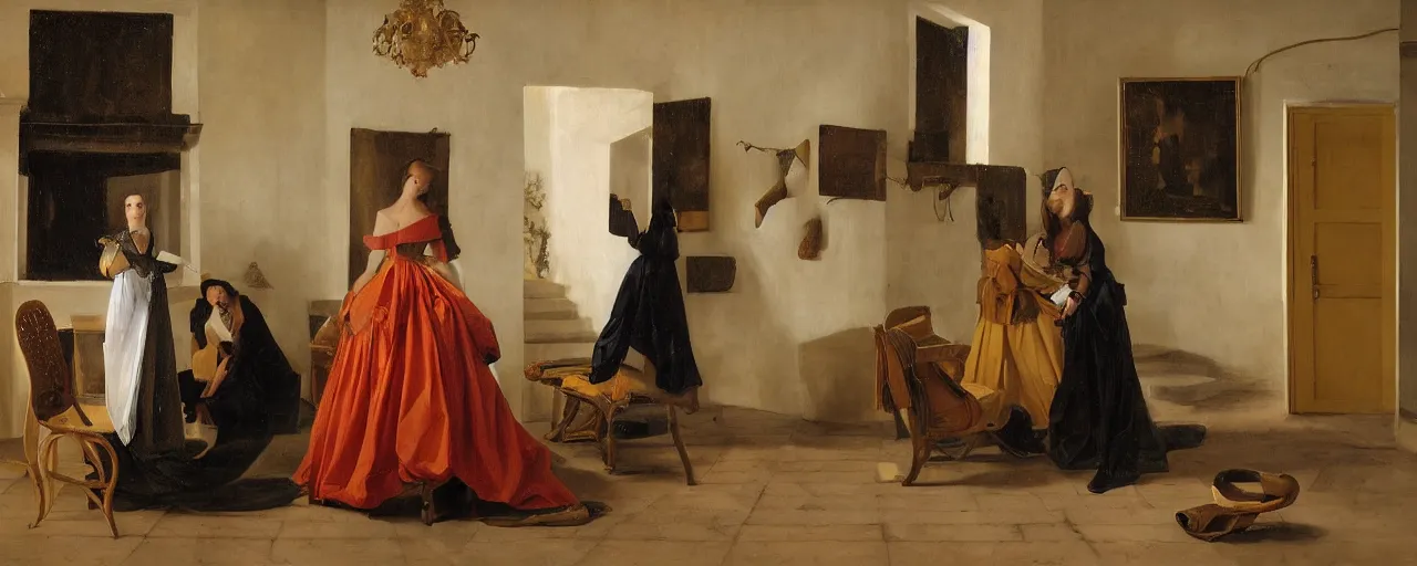 Prompt: photorealistic photoshoot puerto rican fashion designer clothe in tetradic color scheme, pieter de hooch lighting