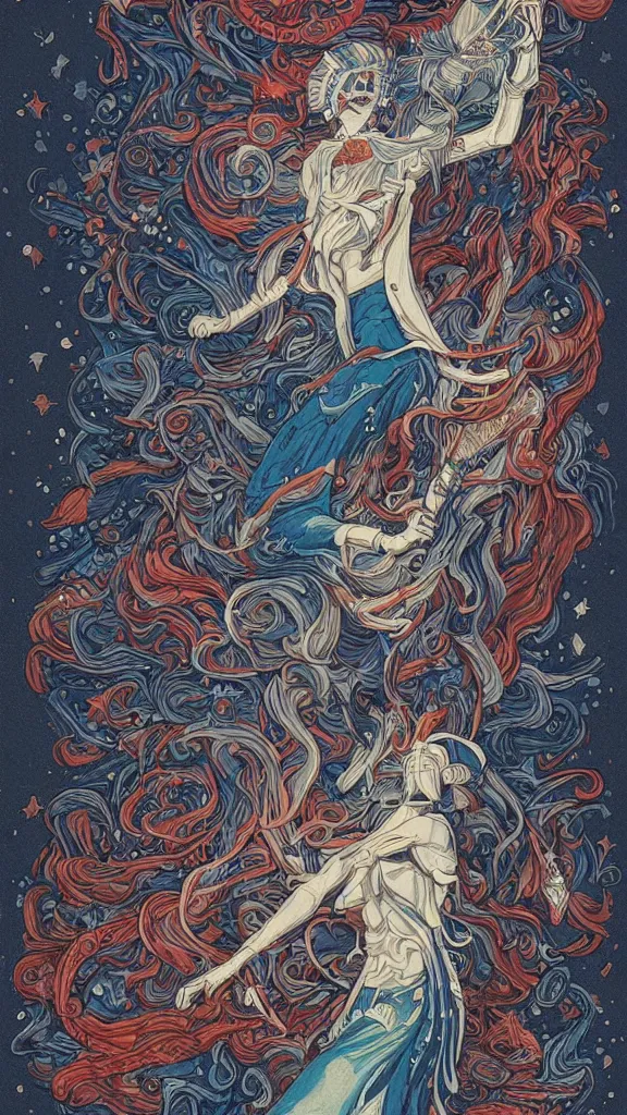 Image similar to french cannabis world, trychome crystals, ethereal atmosphere la liberté guidant le peuple, detailed linework, red white and blue colours, cinematic, psychedelic, black paper, ornate, tarot card, highly detailed, ink illustration, style of peter mohrbacher, golden ratio, 8k