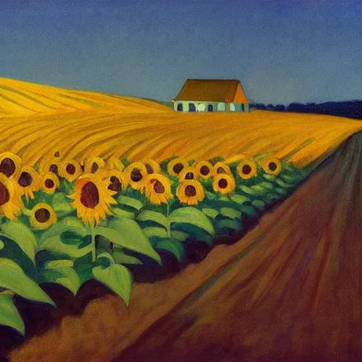Prompt: an oil painting of a sunflower field is on fire in midnight by edward hopper