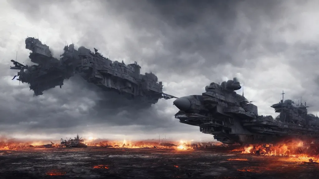 Image similar to an immense steampunk aircraft carrier crashed and burning in a field, thick black smoke billowing, turbulent storm clouds, dystopian, sharp focus, octane render, imax