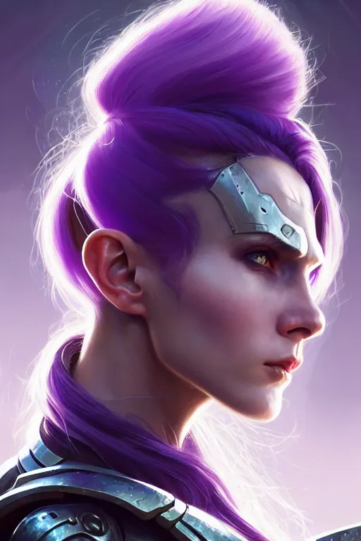 Image similar to alexey gurylev, close up portrait, pale woman in sci - fi armor with purple ponytail hair, mysterious, deep focus, d & d, complex, elegant, highly detailed, digital painting, artstation, concept art, matte, clear focus, illustration, hearthstone, artgerm art, greg rutkovsky and alphonse mucha