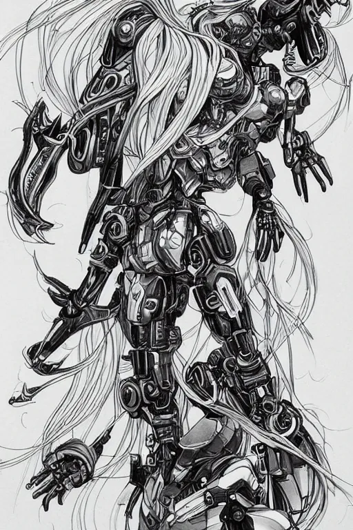 Image similar to full body illustration, mechanized blonde female, kissing witch, highly detailed, sumi - e art, suiboku - ga ink, by kim jisu, pen and ink monochrome, mecha, deviantart, artstation, pinterest