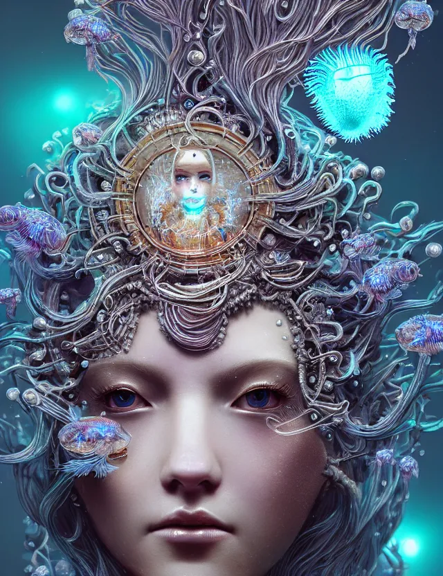 Image similar to goddess macro close - up portrait in crown made of ram skull. betta fish, jellyfish phoenix, bioluminiscent, plasma, ice, water, wind, creature, super intricate ornaments artwork by tooth wu and wlop and beeple and greg rutkowski