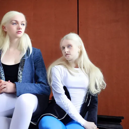 Image similar to aristocratic platinum - blonde - haired hime - cut blue - eyed 1 9 - year - old french princess wearing white leggings and black jacket, sitting in a communist office chatting with a bolshevik officer, colorized hd photograph