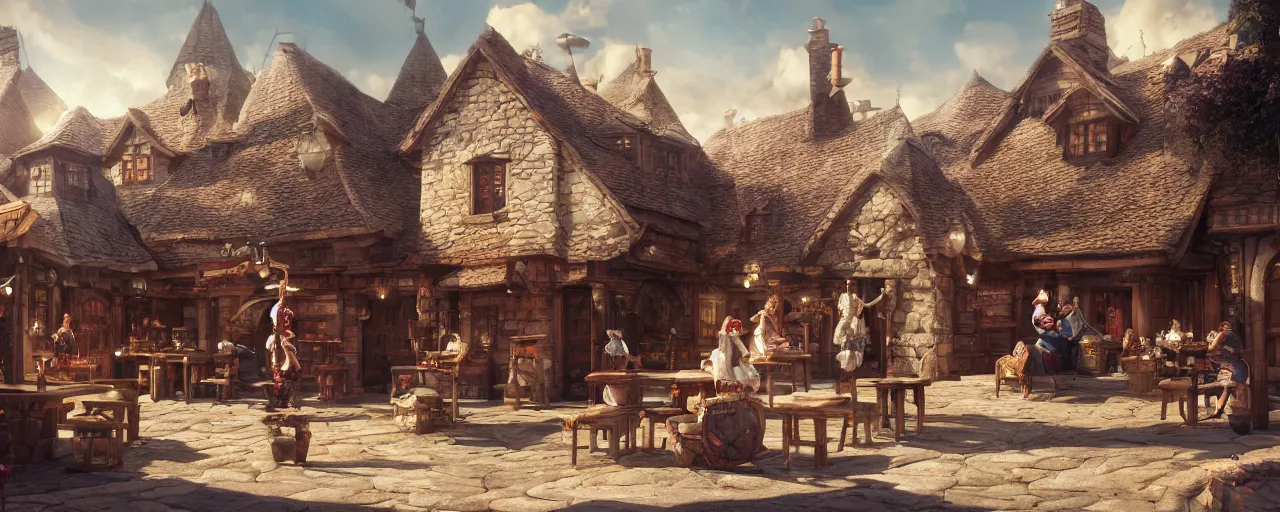 Image similar to tavern bard infront of tiny, medieval era tavern with exotic dancers, exterior, two stories, vaporwave aesthetics, 8 k uhd, unreal engine, octane render in the artstyle of finnian macmanus, john park and greg rutkowski