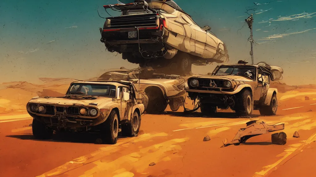 Image similar to digital illustration of mad max's fj 4 0 pursuit special, the last v 8 interceptor driving down a deserted cyberpunk highway in the middle of the day by studio ghibli, anime style year 2 0 9 3, by makoto shinkai, ilya kuvshinov, lois van baarle, rossdraws, basquiat